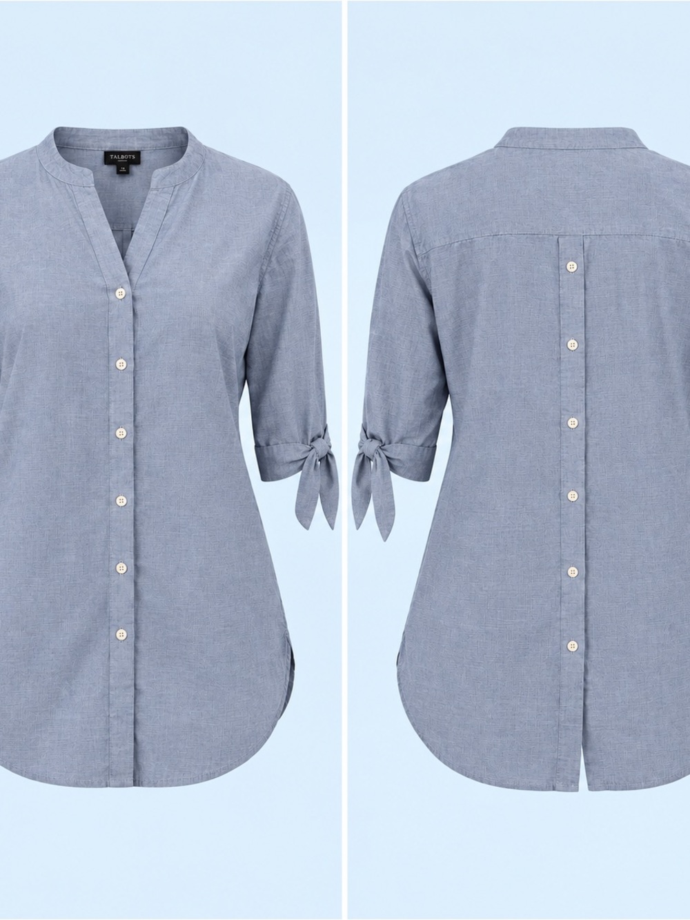 Talbots Woman 1X Chambray Blue Button Front & Back V-Neck 3/4 Sleeves w/ Ties
